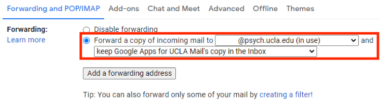Forwarding and POP/IMAP; forwarding; forward a copy of incoming mail to:; add forwarding address